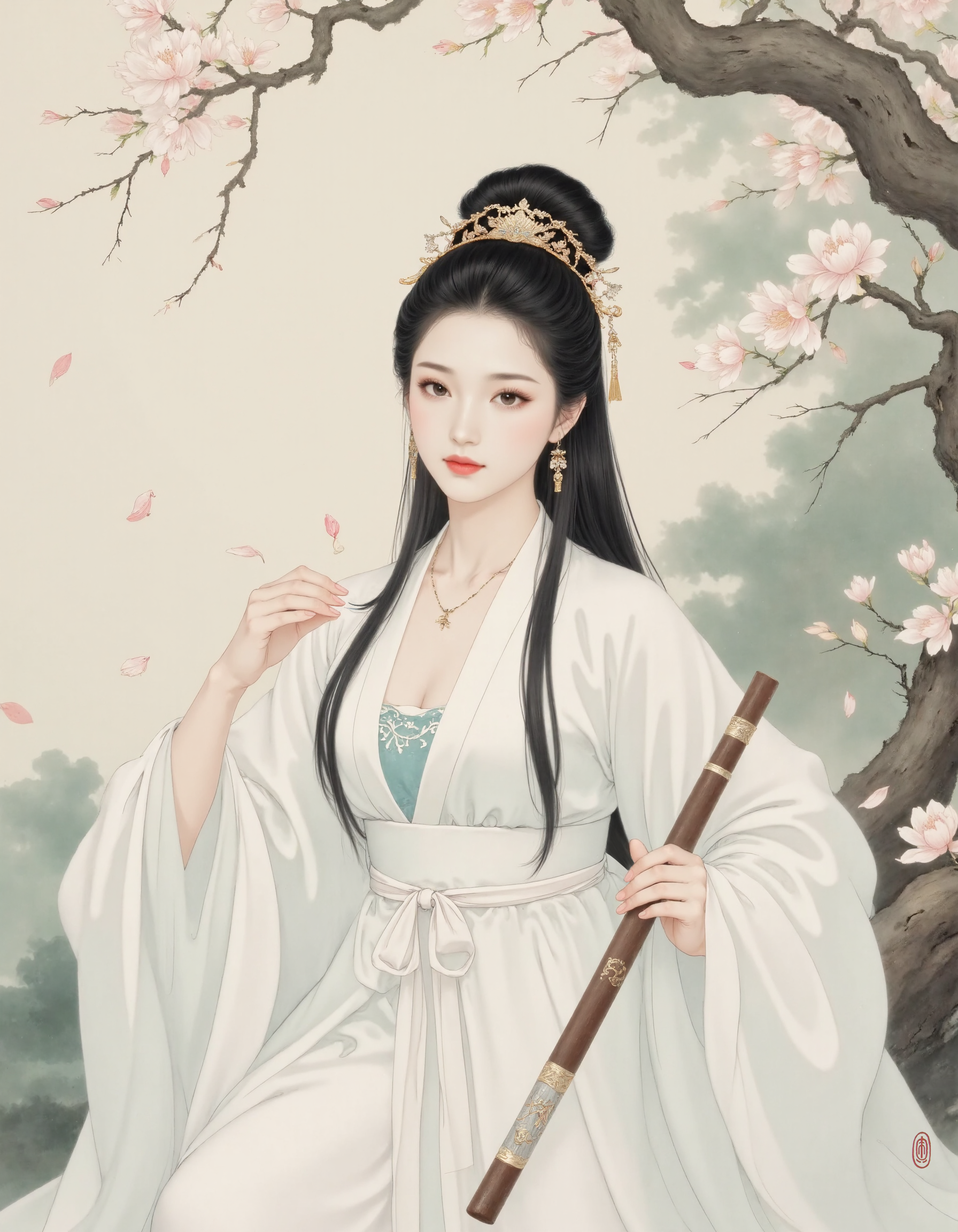 chinese fine brushwork_Flute tune cherry blossoms falling.png